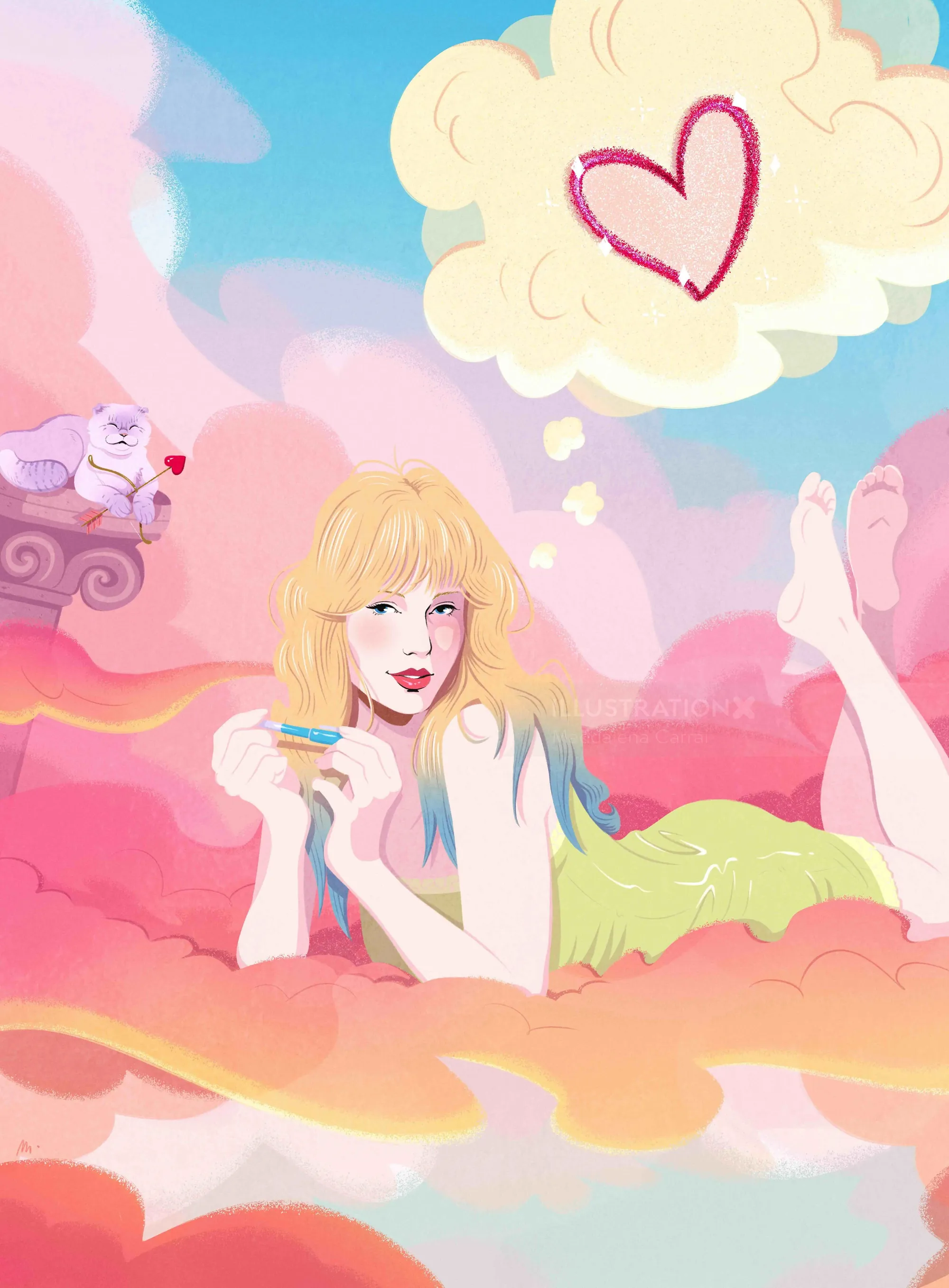 Illustration of woman with long blonde hair lying on pink clouds with heart