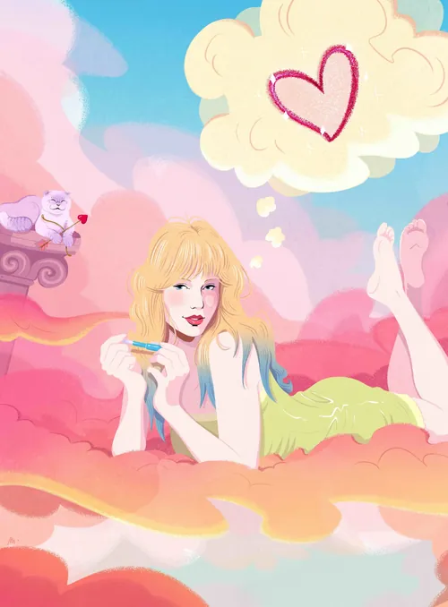 Illustration of woman with long blonde hair lying on pink clouds with heart