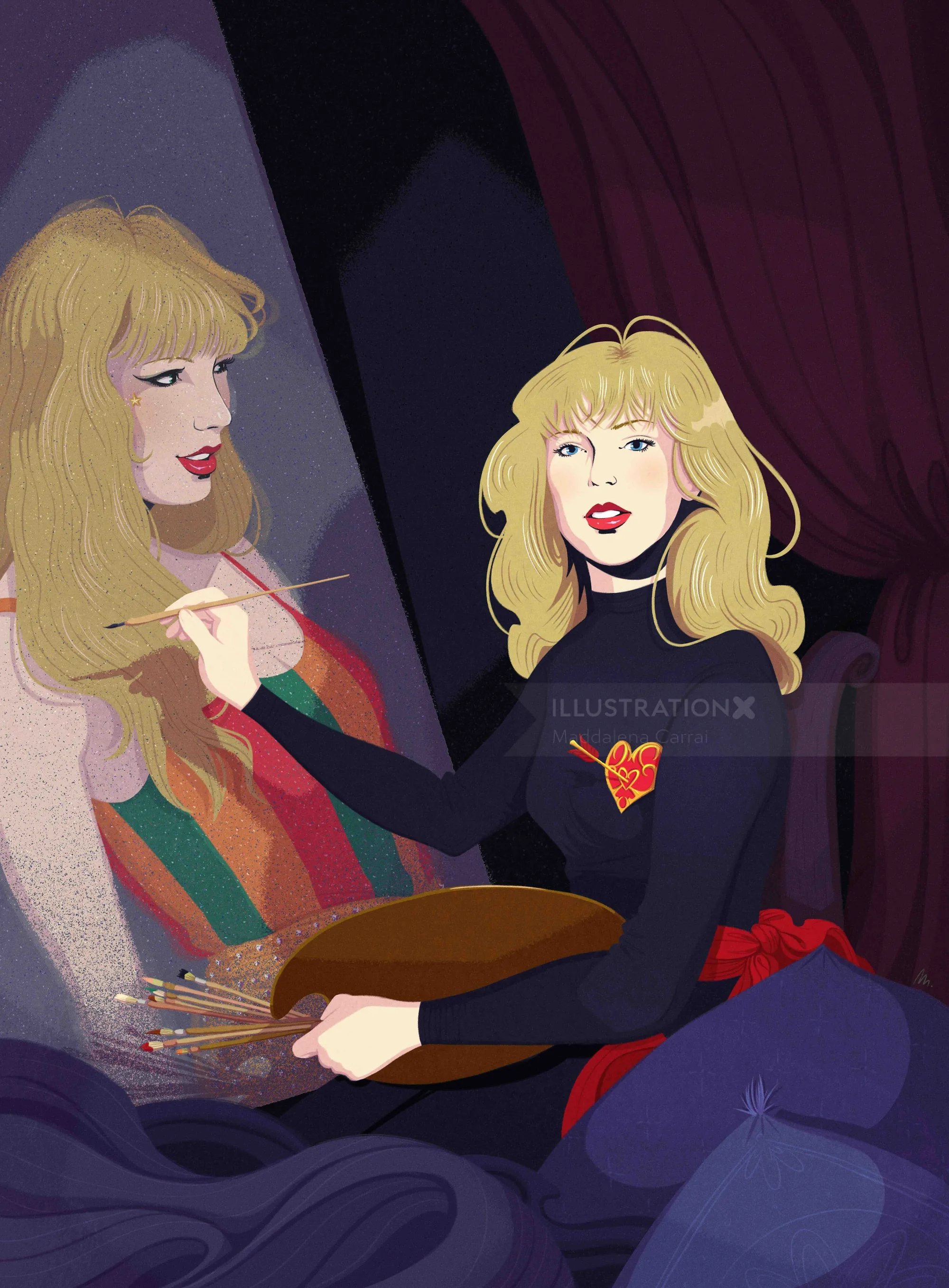 Illustration einer Frau mit langen blonden Haaren, die ein Selbstporträt malt