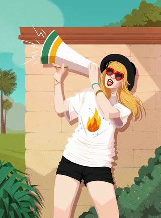 Illustration of woman with megaphone wearing sunglasses and black hat