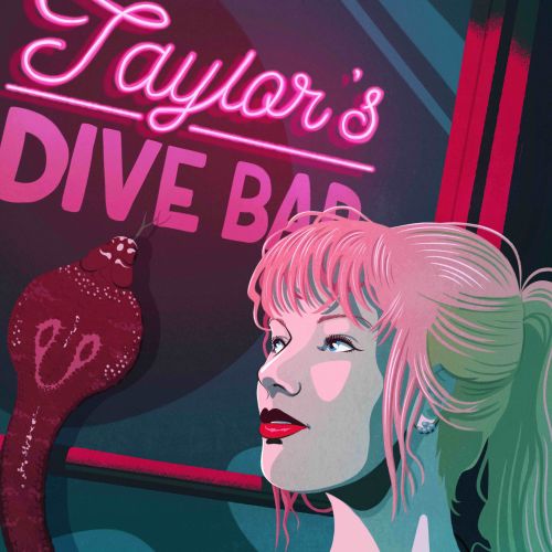 Illustration of woman with snake near neon Taylor's Dive Bar sign