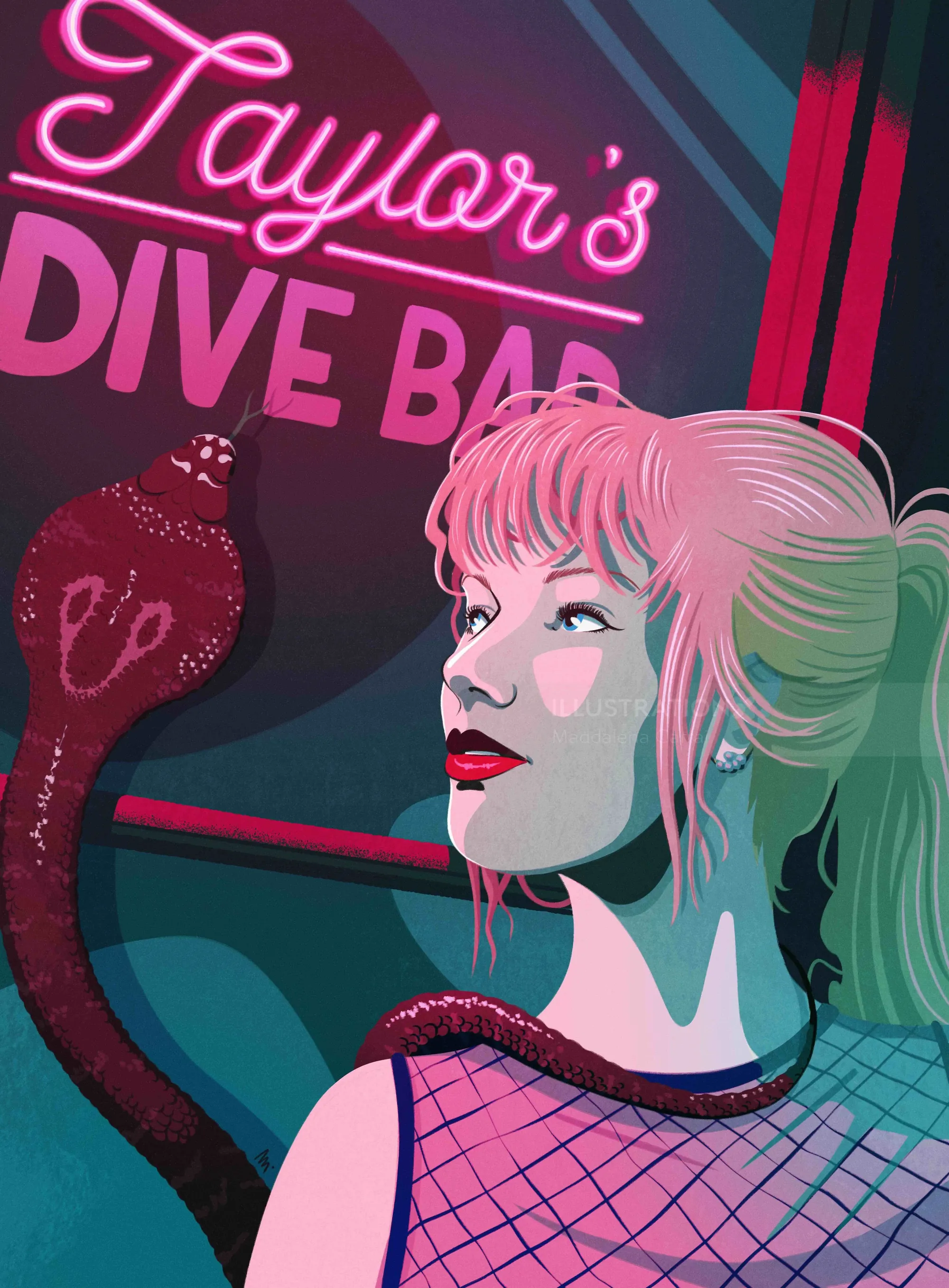 Ilustración de una mujer con una serpiente cerca del letrero de neón de Taylor's Dive Bar