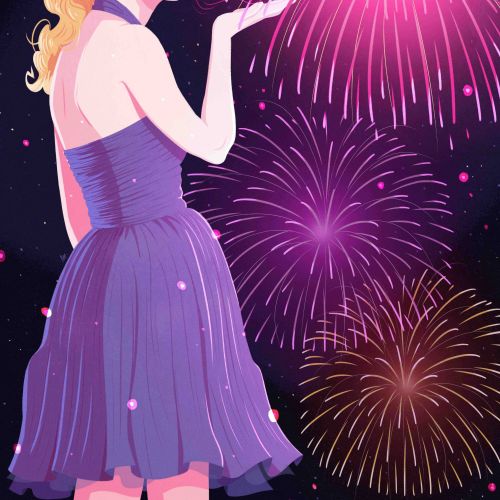 Woman in purple dress blowing a kiss with fireworks in background
