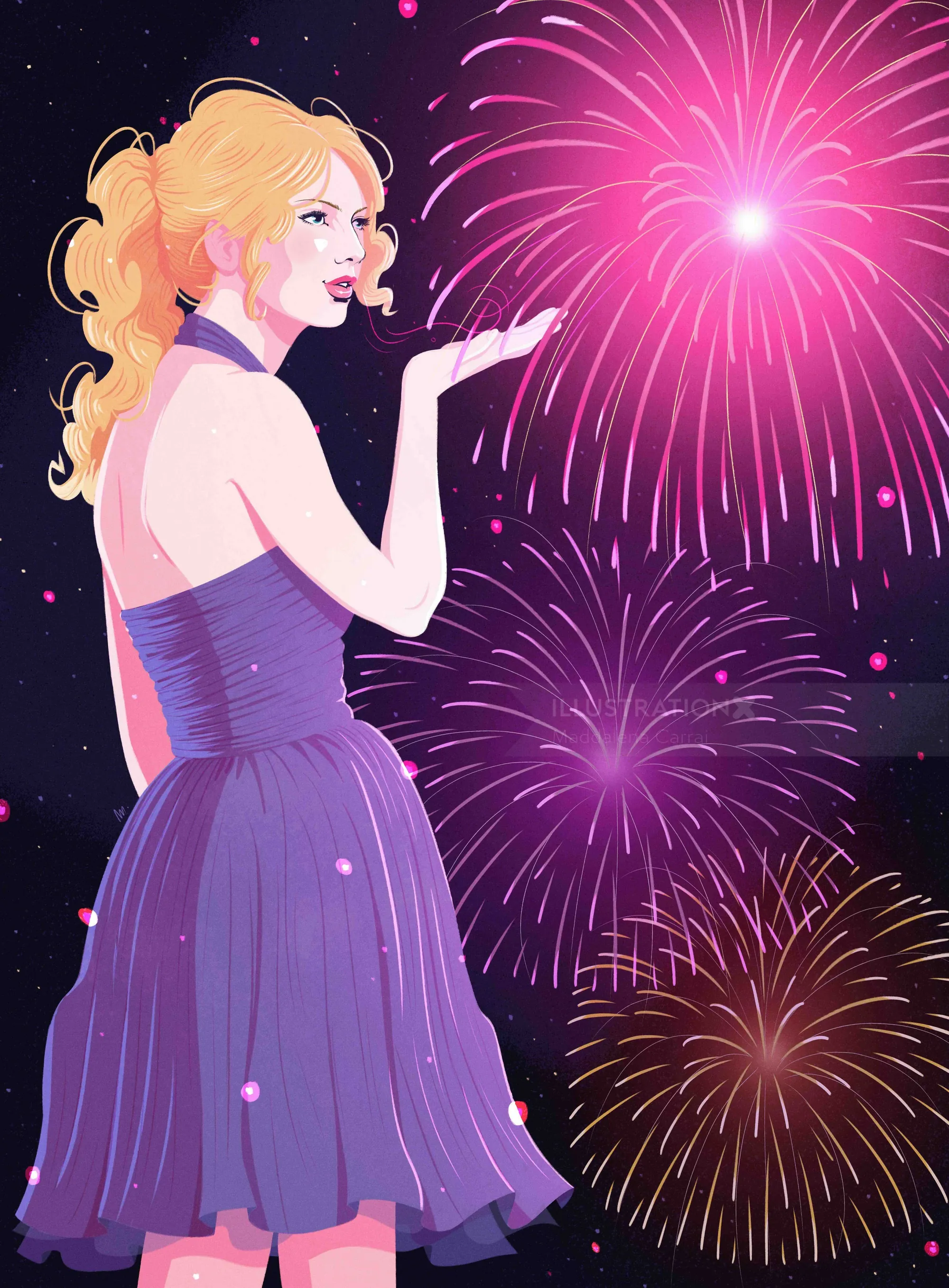 Woman in purple dress blowing a kiss with fireworks in background