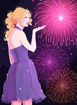 Woman in purple dress blowing a kiss with fireworks in background