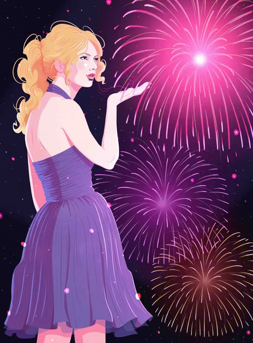 Woman in purple dress blowing a kiss with fireworks in background