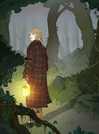 Person holding lantern in dark forest at night