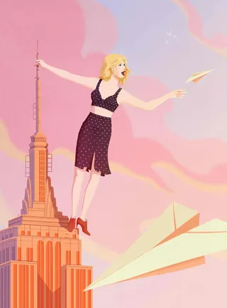 Illustration of woman in polka dot dress with paper planes over cityscape