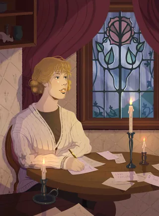 Illustration of woman writing by candlelight near a stained glass window