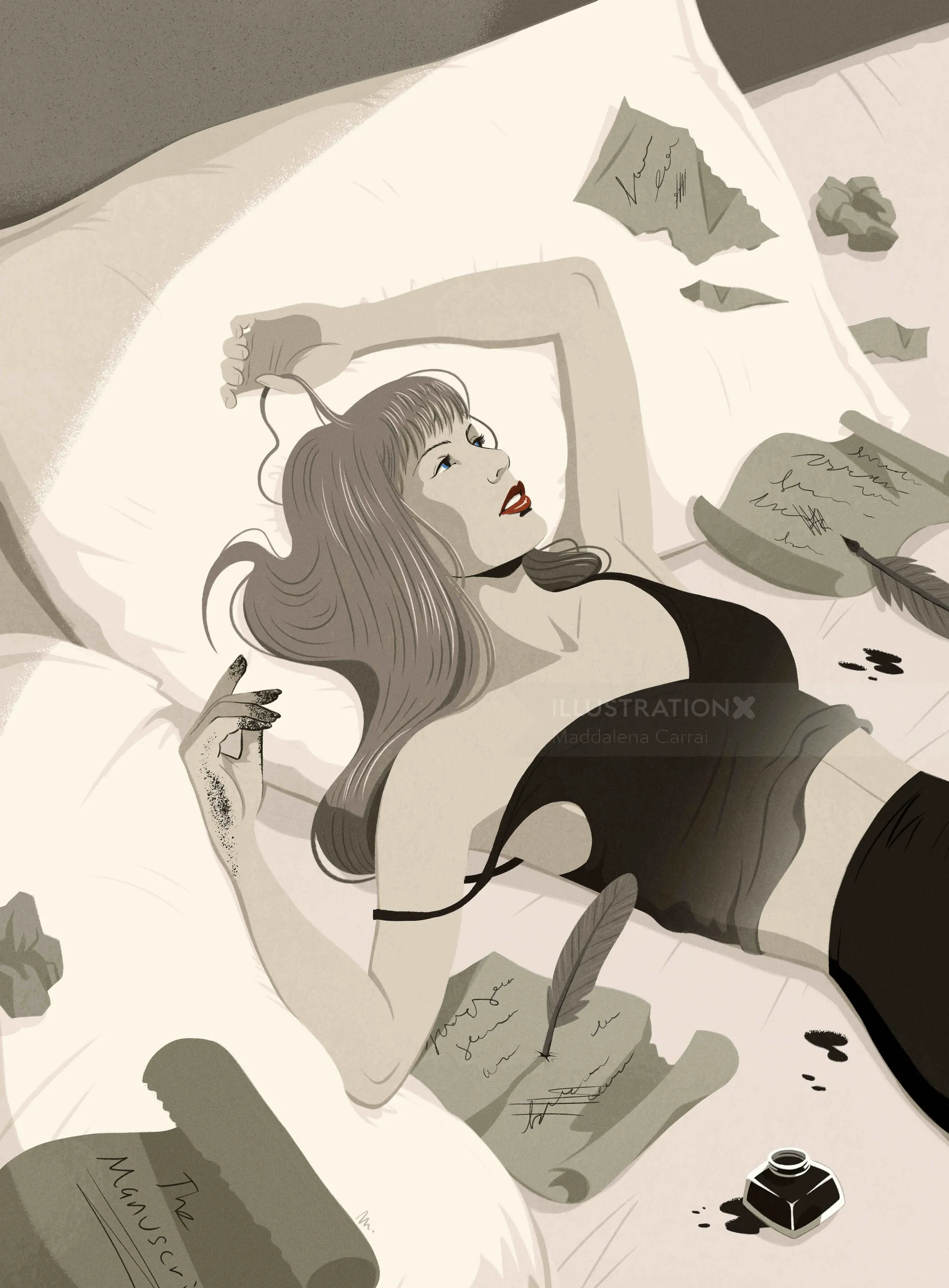 Illustration einer Frau, die auf einem Bett liegt und von Papieren umgeben ist