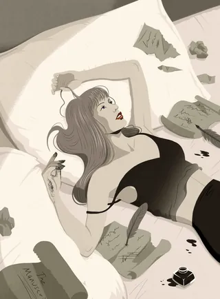Illustration of a woman lying on bed surrounded by papers