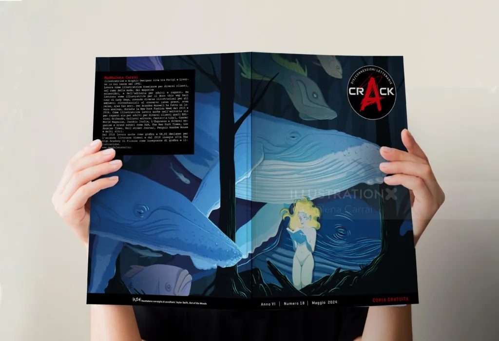 Hands holding an open book featuring large whale illustrations