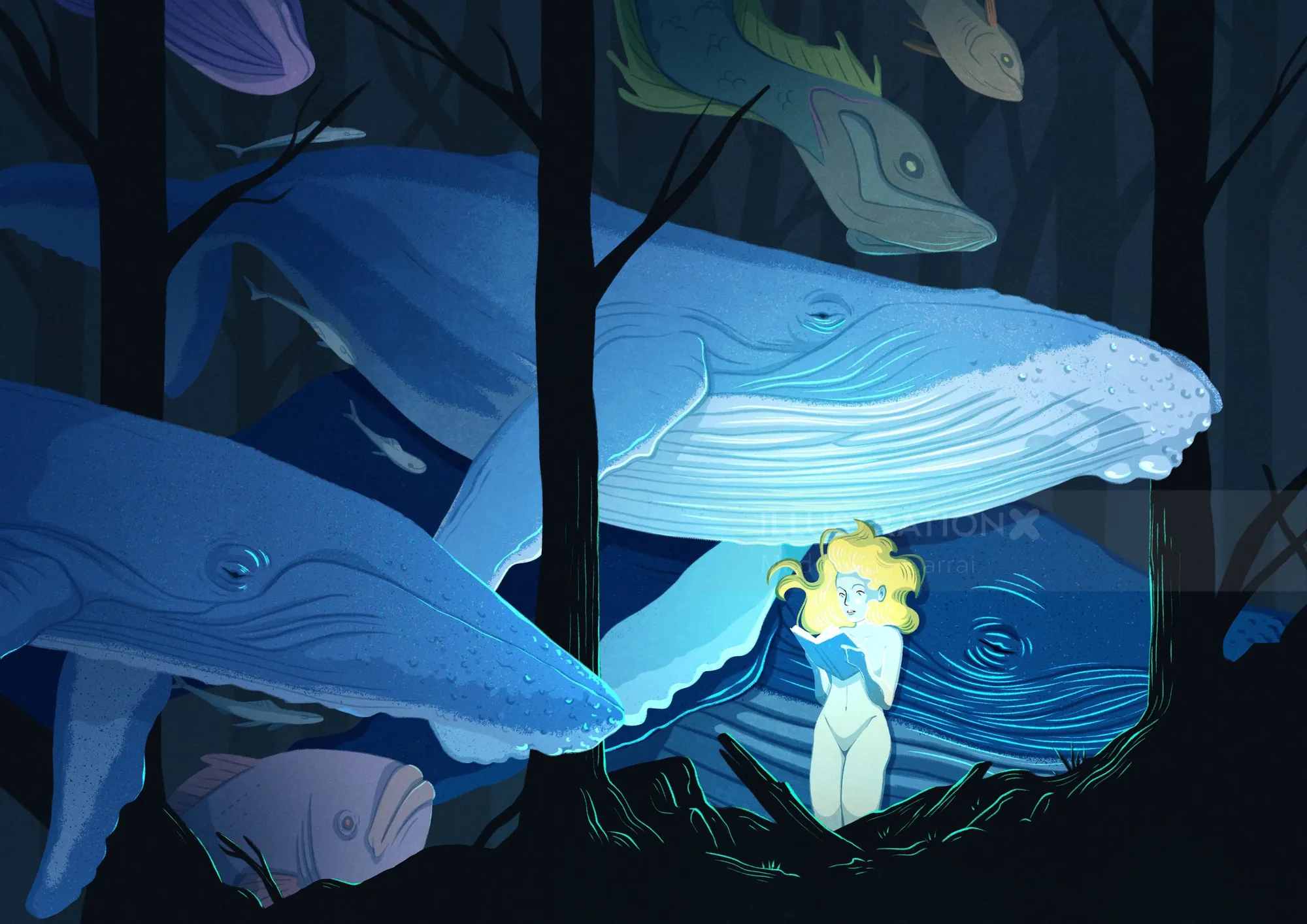 Giant whales swim around a glowing woman in a dark forest at night.