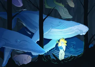Giant whales swim around a glowing woman in a dark forest at night.
