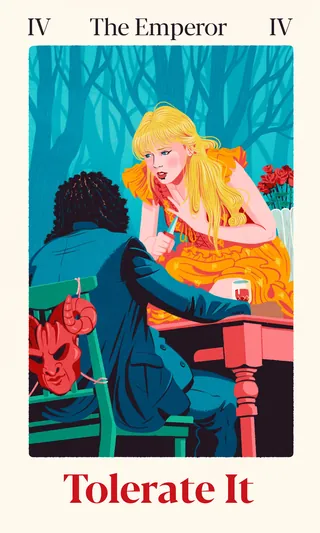 The Emperor tarot card with a woman and a seated figure in a forest.