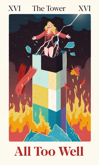 The Tower tarot card shows a person falling from a broken tower with lightning and fire.