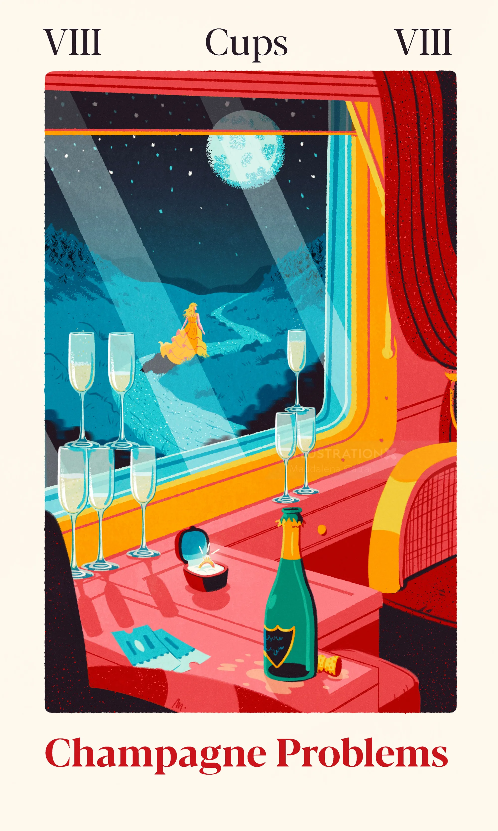 Tarotkarte mit Champagnerflasche, Gläsern und mondbeschienener Fensterszene.