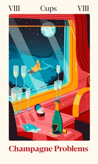 Tarot card showing champagne bottle, glasses, and moonlit window scene.