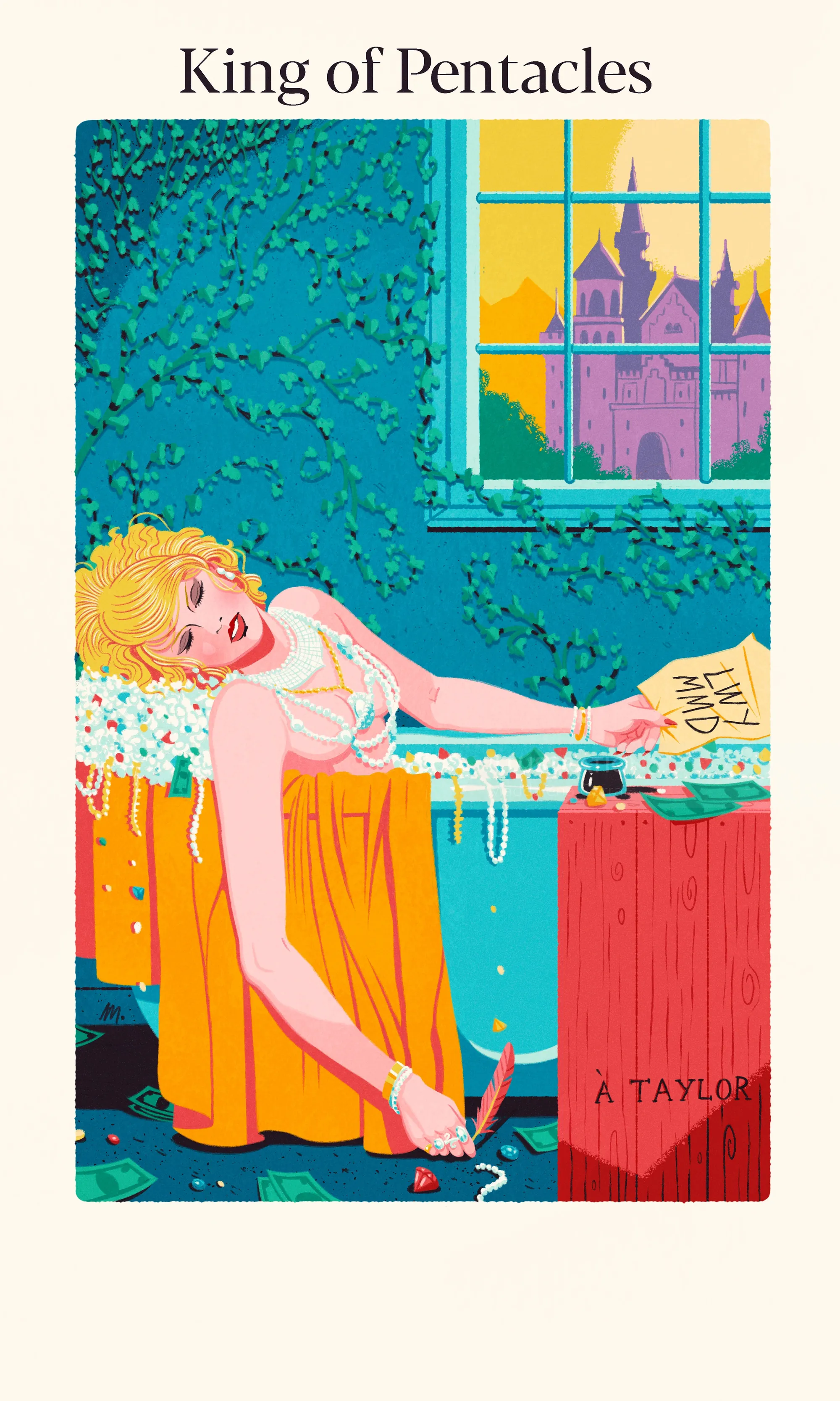 King of Pentacles tarot card featuring relaxed figure and castle through window
