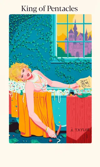 King of Pentacles tarot card featuring relaxed figure and castle through window