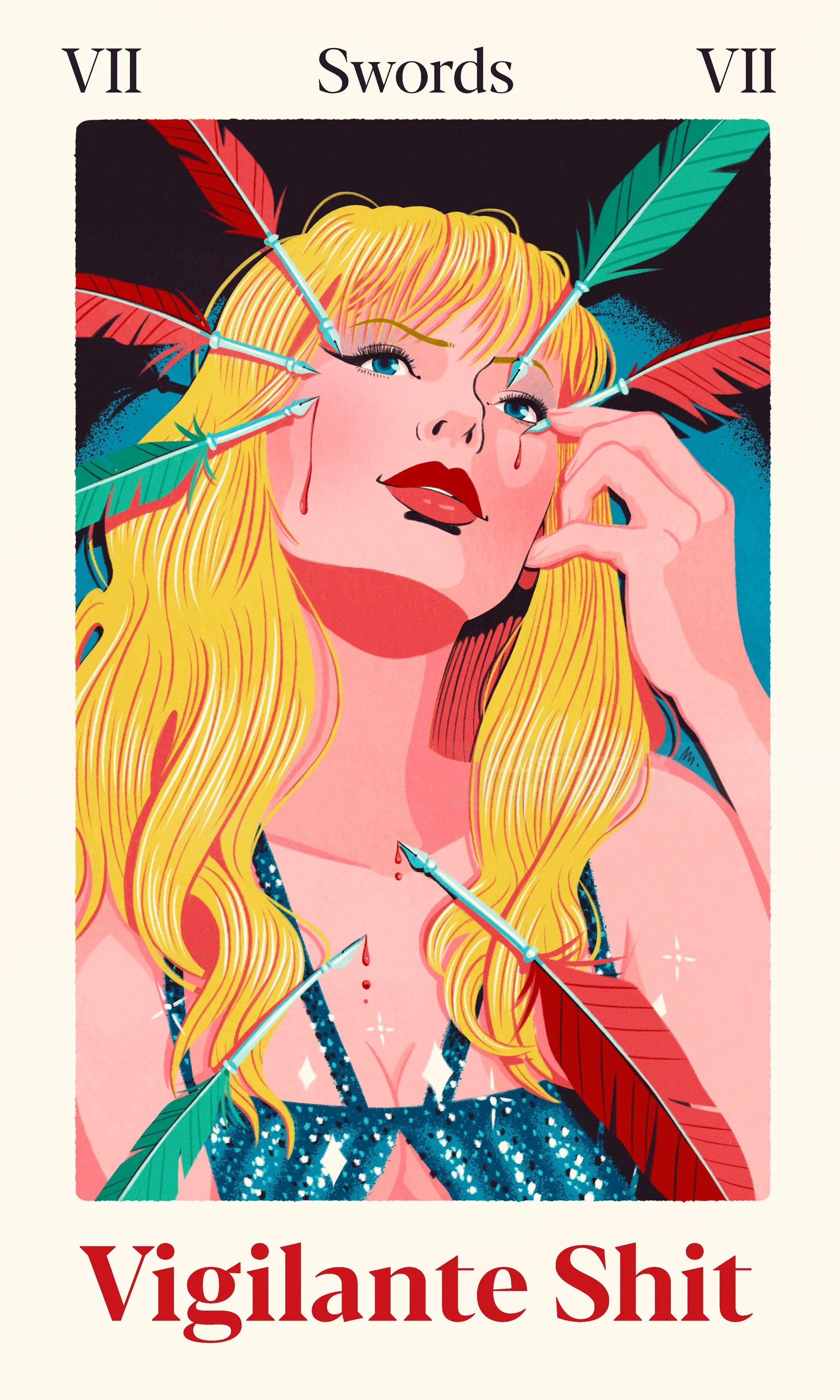 Woman with blond hair pierced by colorful arrows, tarot card