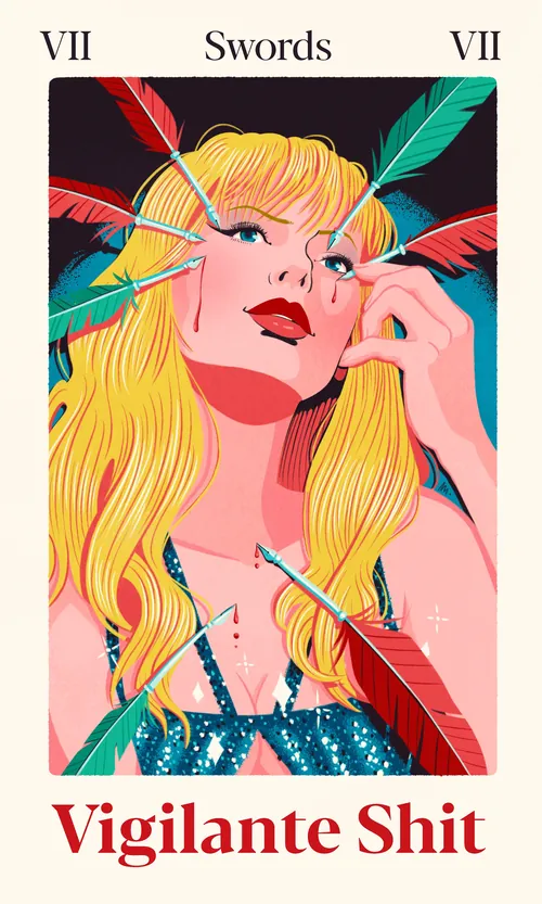 Woman with blond hair pierced by colorful arrows, tarot card