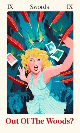 Frightened woman running from a monster in the woods tarot card
