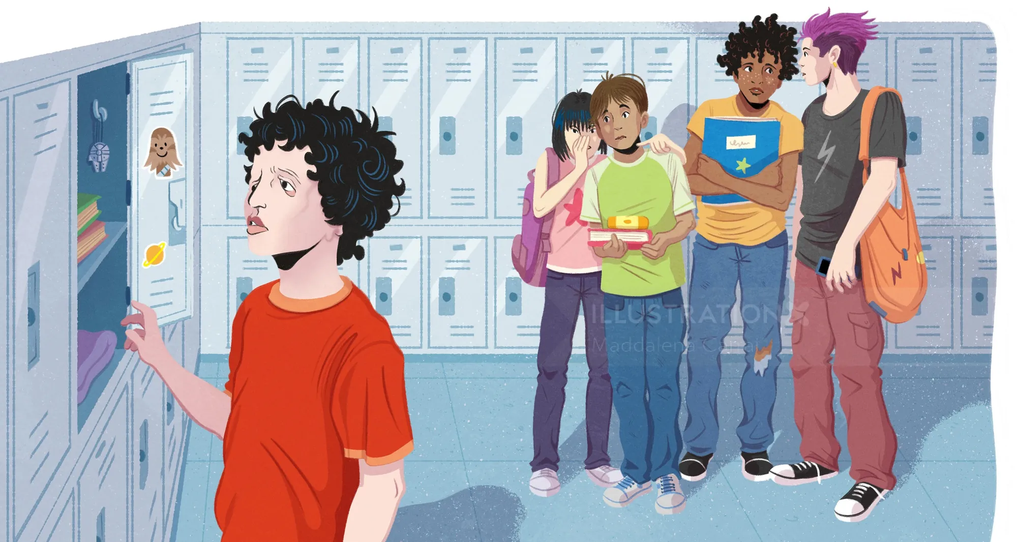 Students talking near lockers in a school hallway