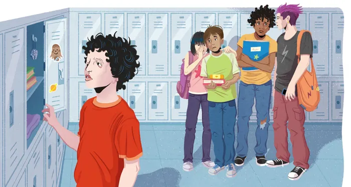 Students talking near lockers in a school hallway