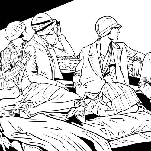 Black and white illustration of four women in vintage clothing by Maddalena Carrai