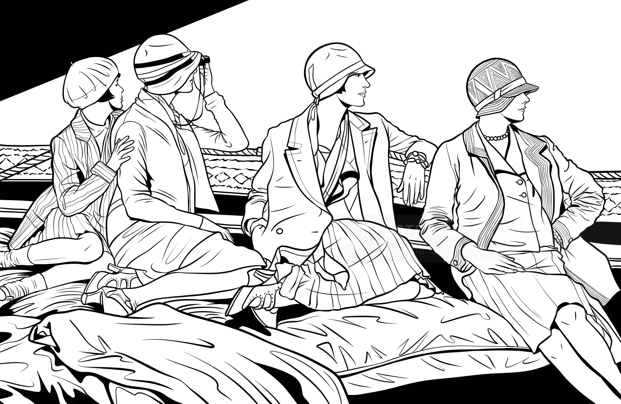 Schwarz-Weiß-Illustration von vier Frauen in Vintage-Kleidung von Maddalena Carrai
