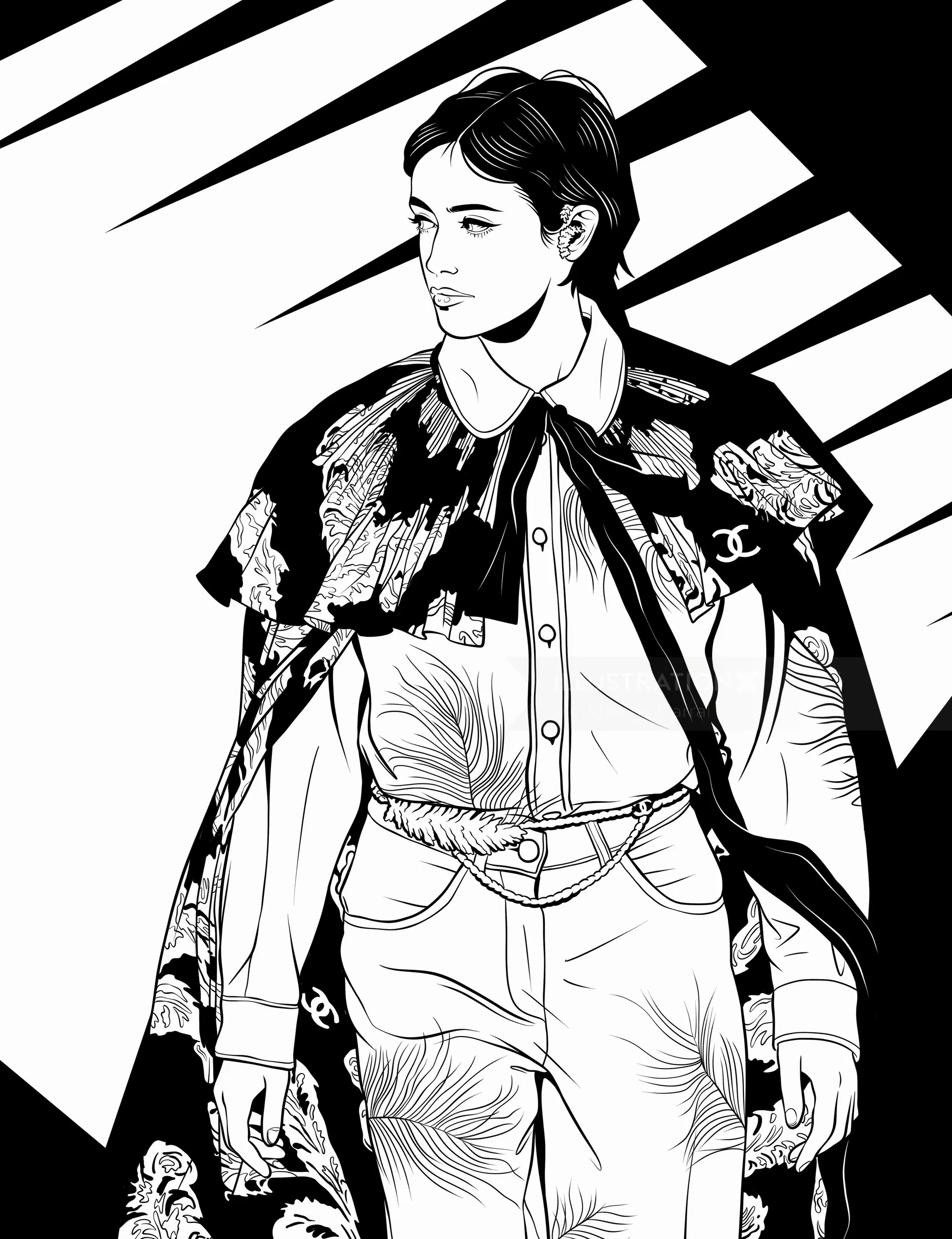 Black and white fashion illustration of a woman in patterned cape by Maddalena Carrai