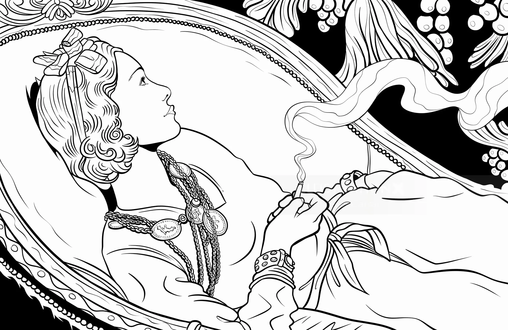 Schwarz-Weiß-Zeichnung einer Frau mit Zigarette, von Maddalena Carrai