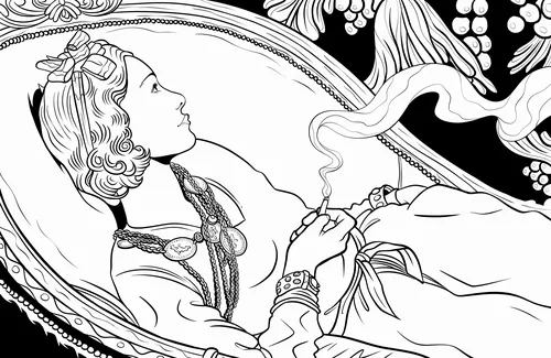Black and white drawing of a woman holding a cigarette, by Maddalena Carrai