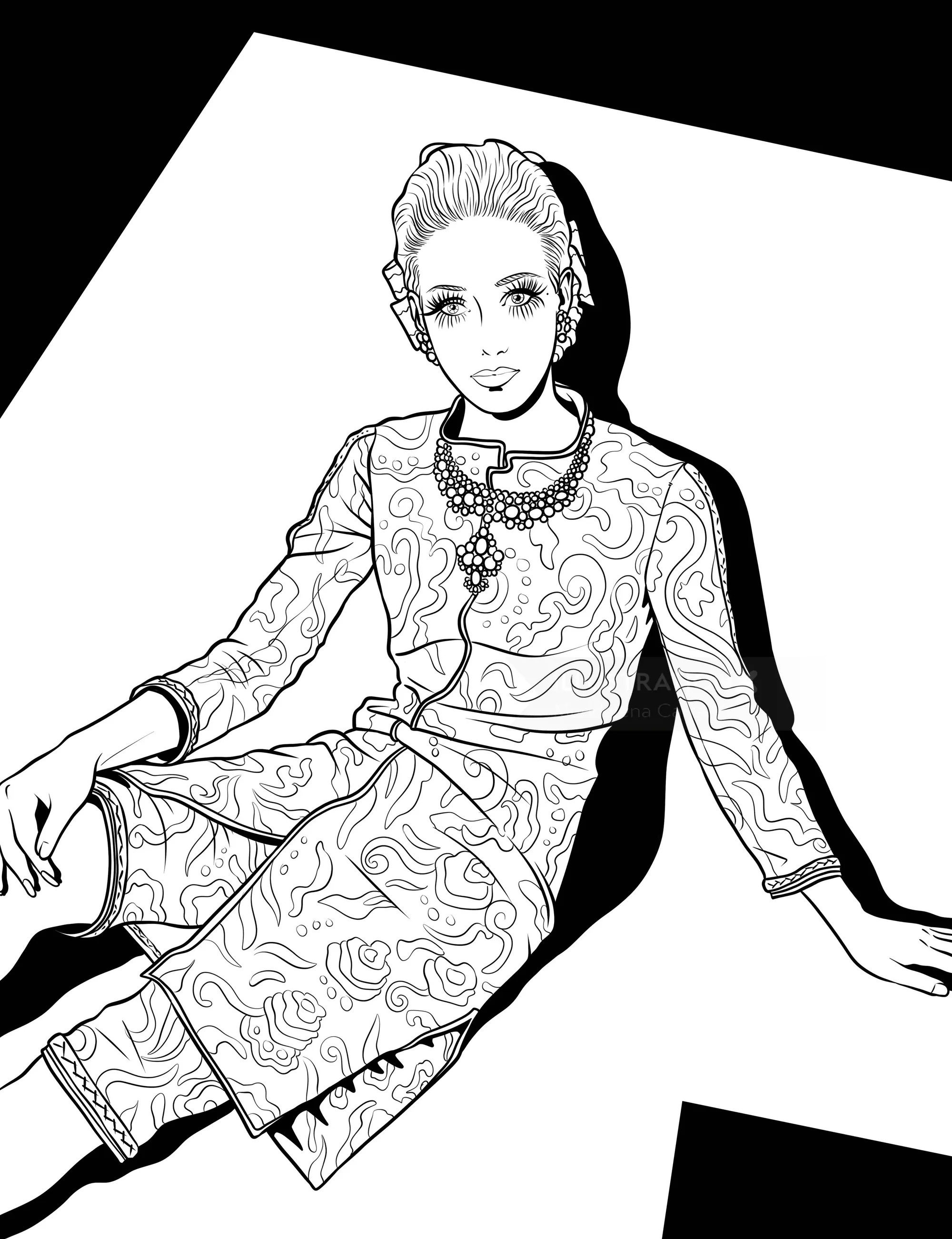 Black and white illustration of a woman in Chanel outfit by Maddalena Carrai