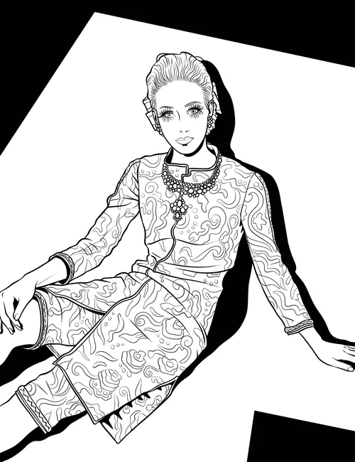 Black and white illustration of a woman in Chanel outfit by Maddalena Carrai