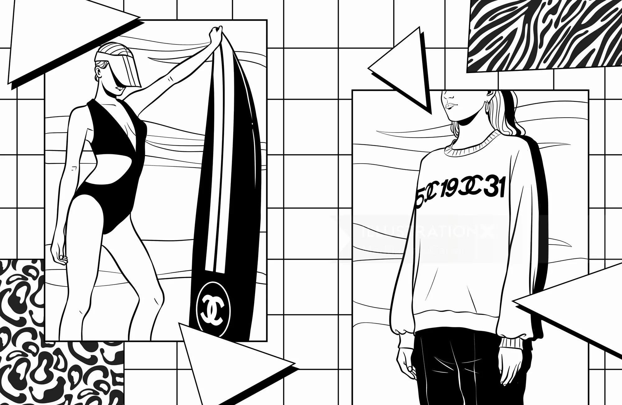 Black and white graphic illustration with two women and geometric shapes by Maddalena Carrai