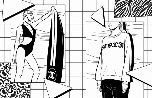 Black and white graphic illustration with two women and geometric shapes by Maddalena Carrai