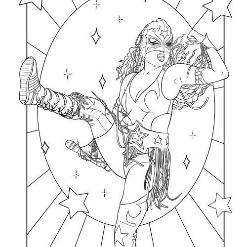 Illustration of a female wrestler kicking with stars and light background by Maddalena Carrai
