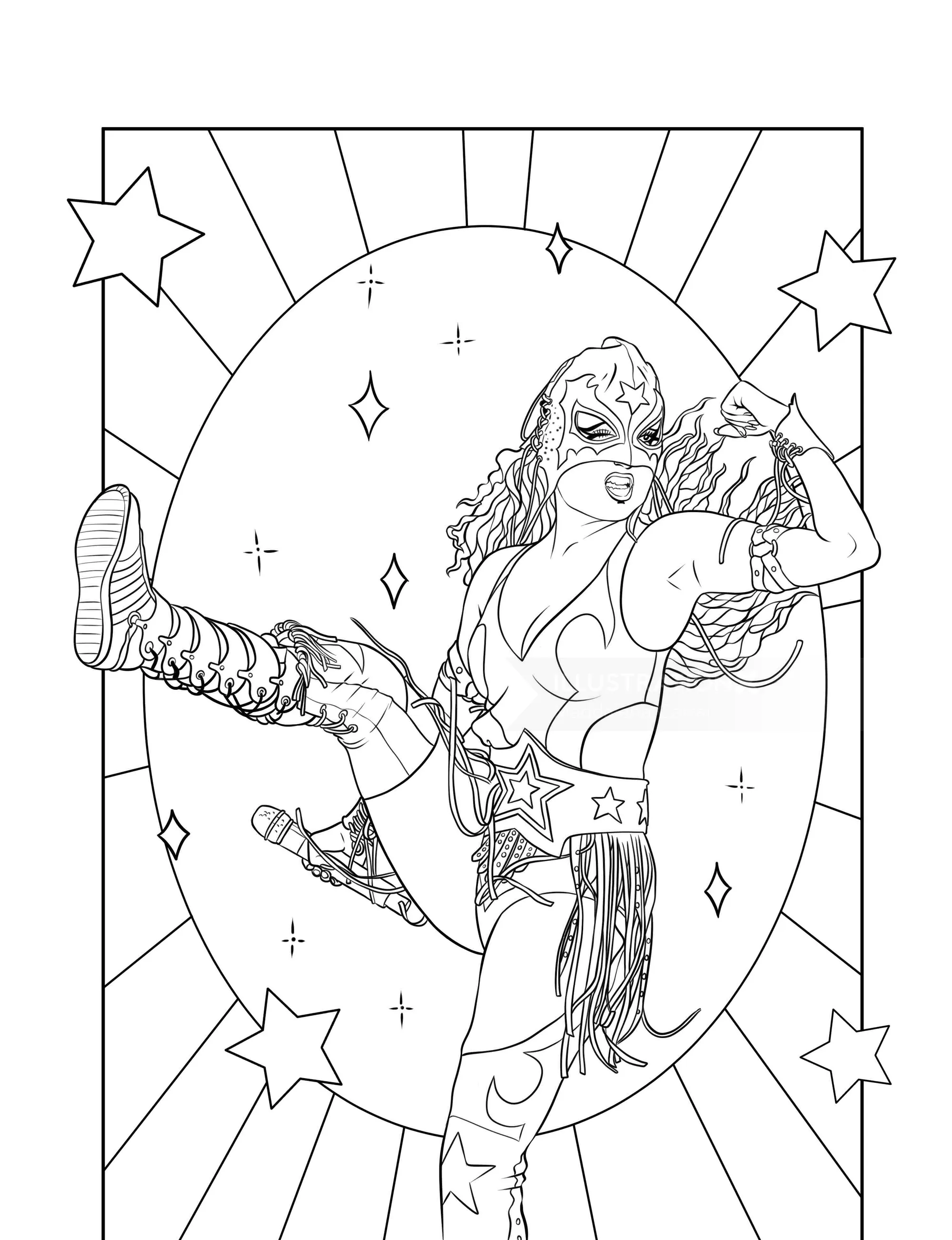 Illustration of a female wrestler kicking with stars and light background by Maddalena Carrai