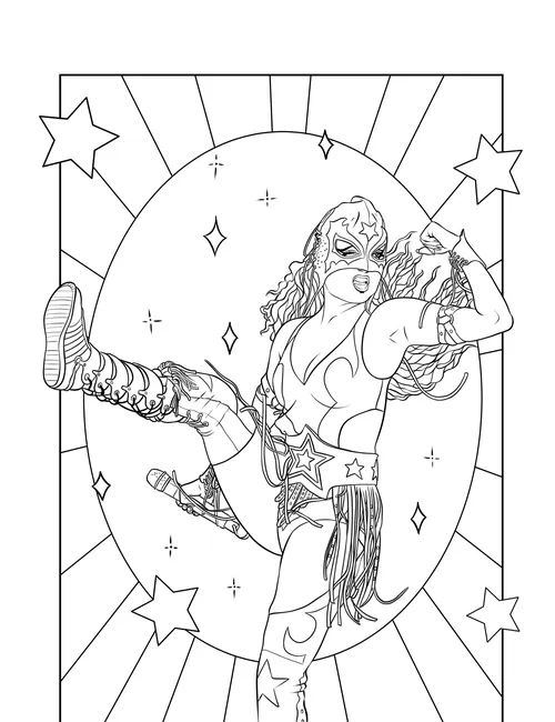 Illustration of a female wrestler kicking with stars and light background by Maddalena Carrai