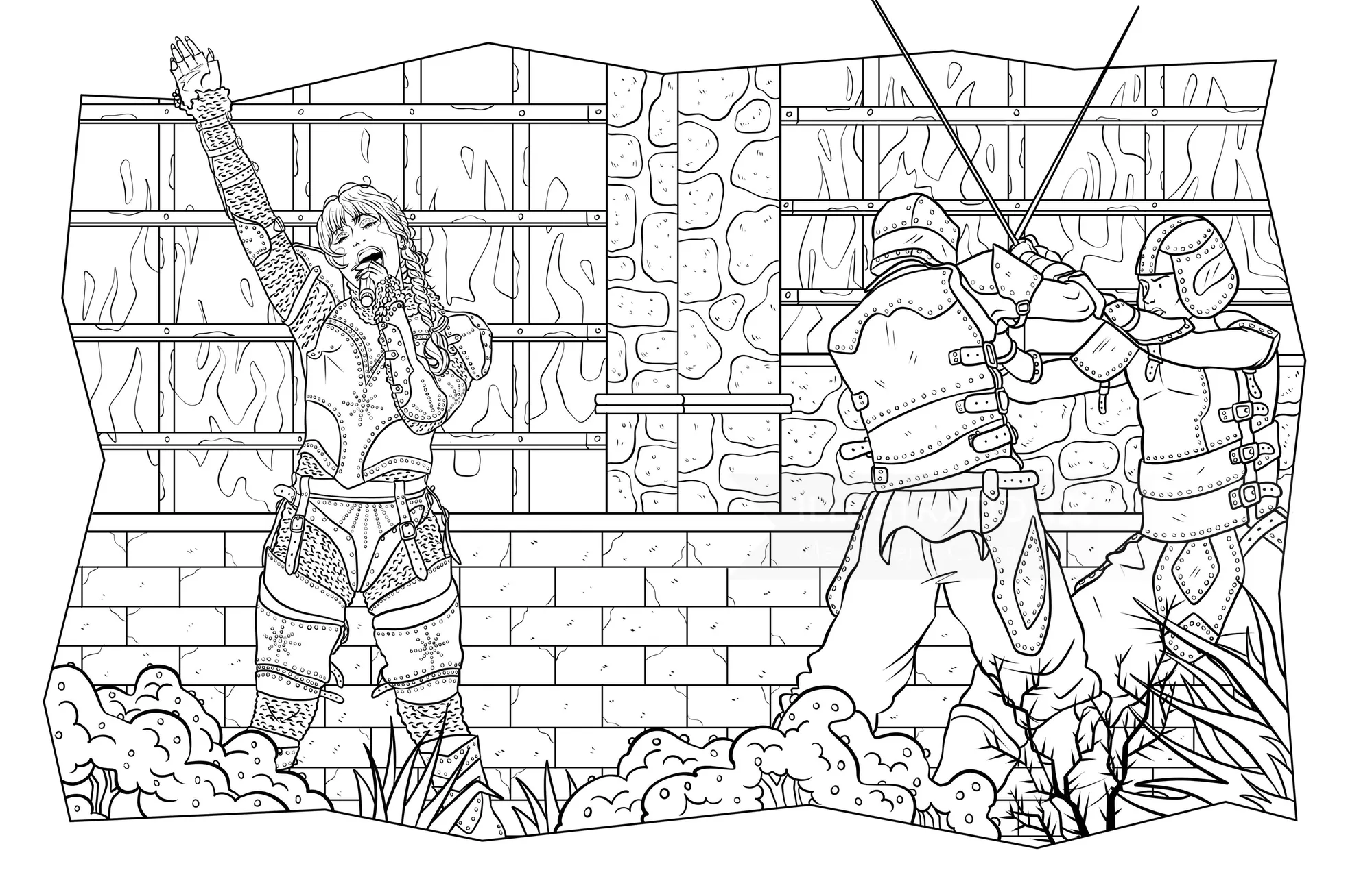 Mittelalterliche Krieger kämpfen vor einer Backsteinmauer, Illustration von Maddalena Carrai