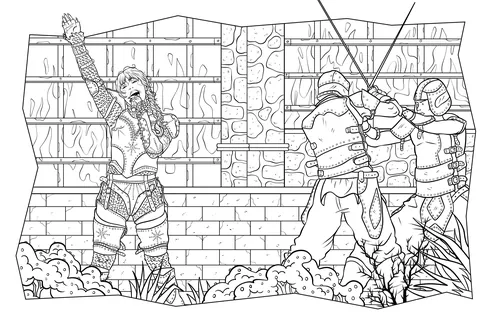 Medieval warriors fighting in front of a brick wall, illustration by Maddalena Carrai