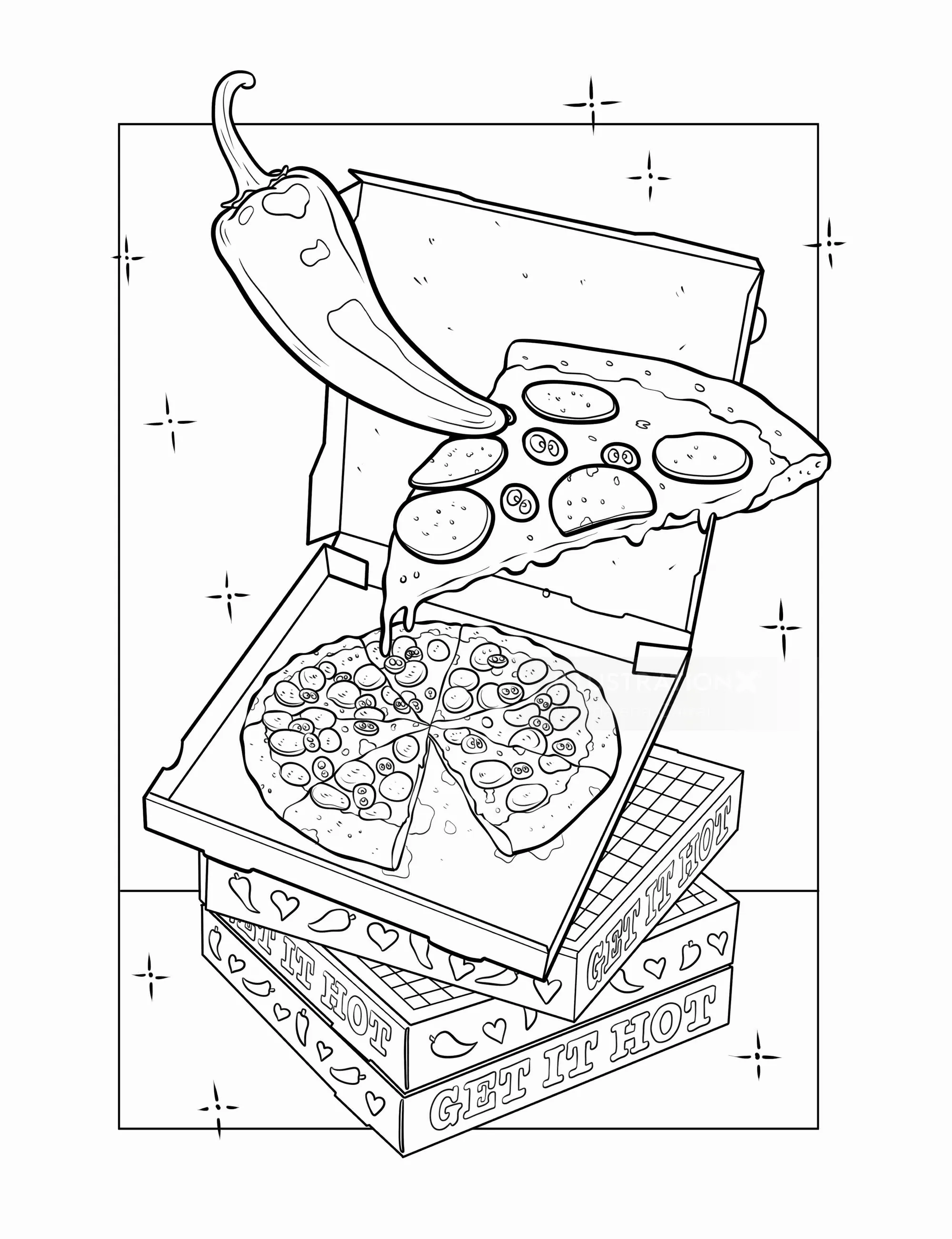 Black and white illustration of pizza slices in open boxes by Maddalena Carrai