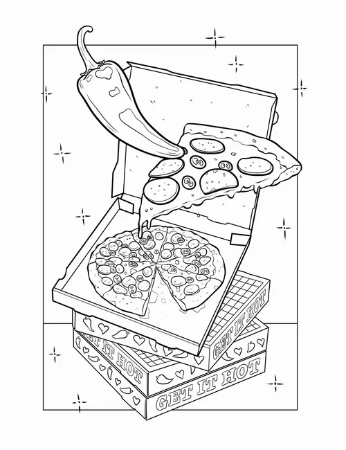 Black and white illustration of pizza slices in open boxes by Maddalena Carrai