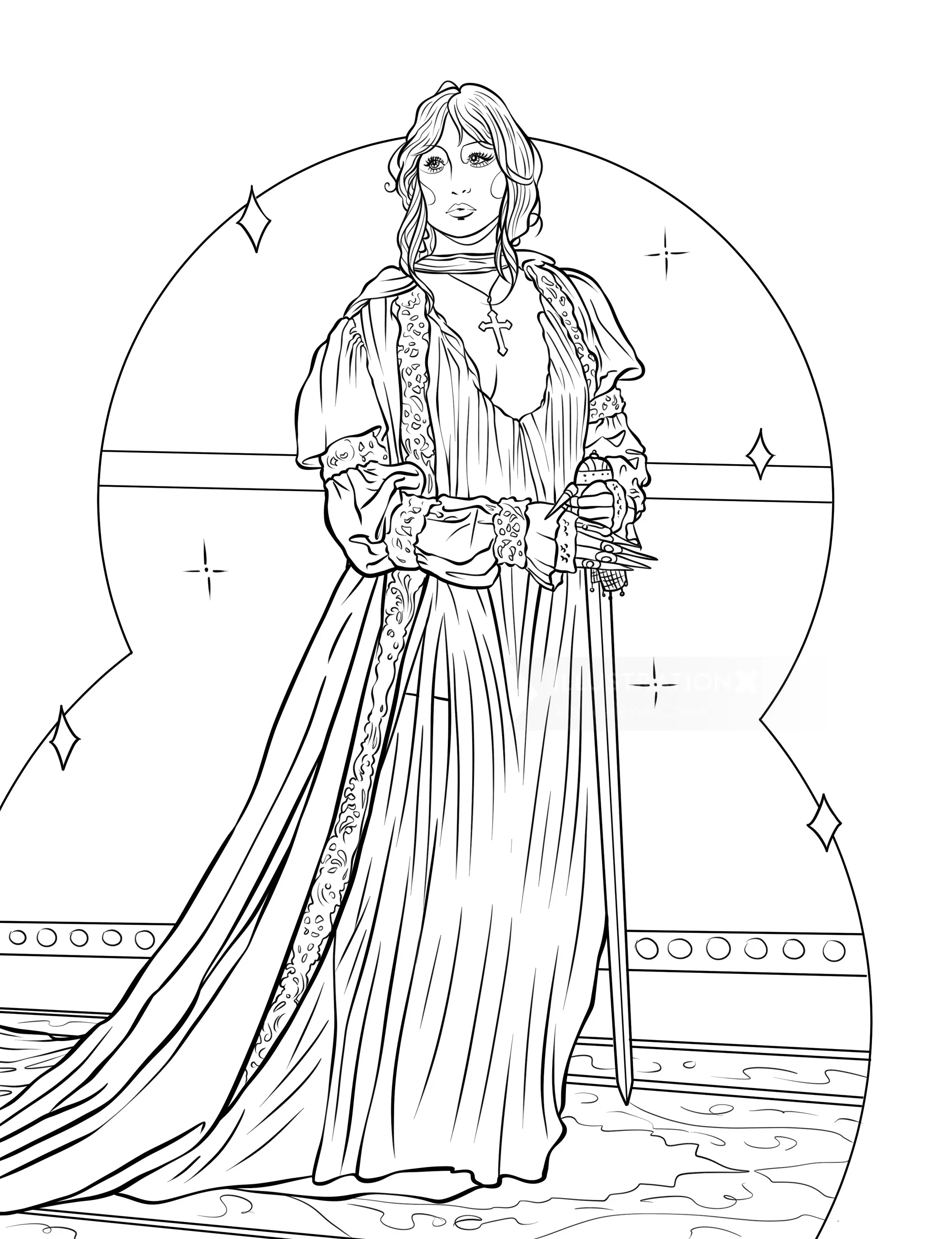 Illustration of a regal woman in medieval dress by Maddalena Carrai