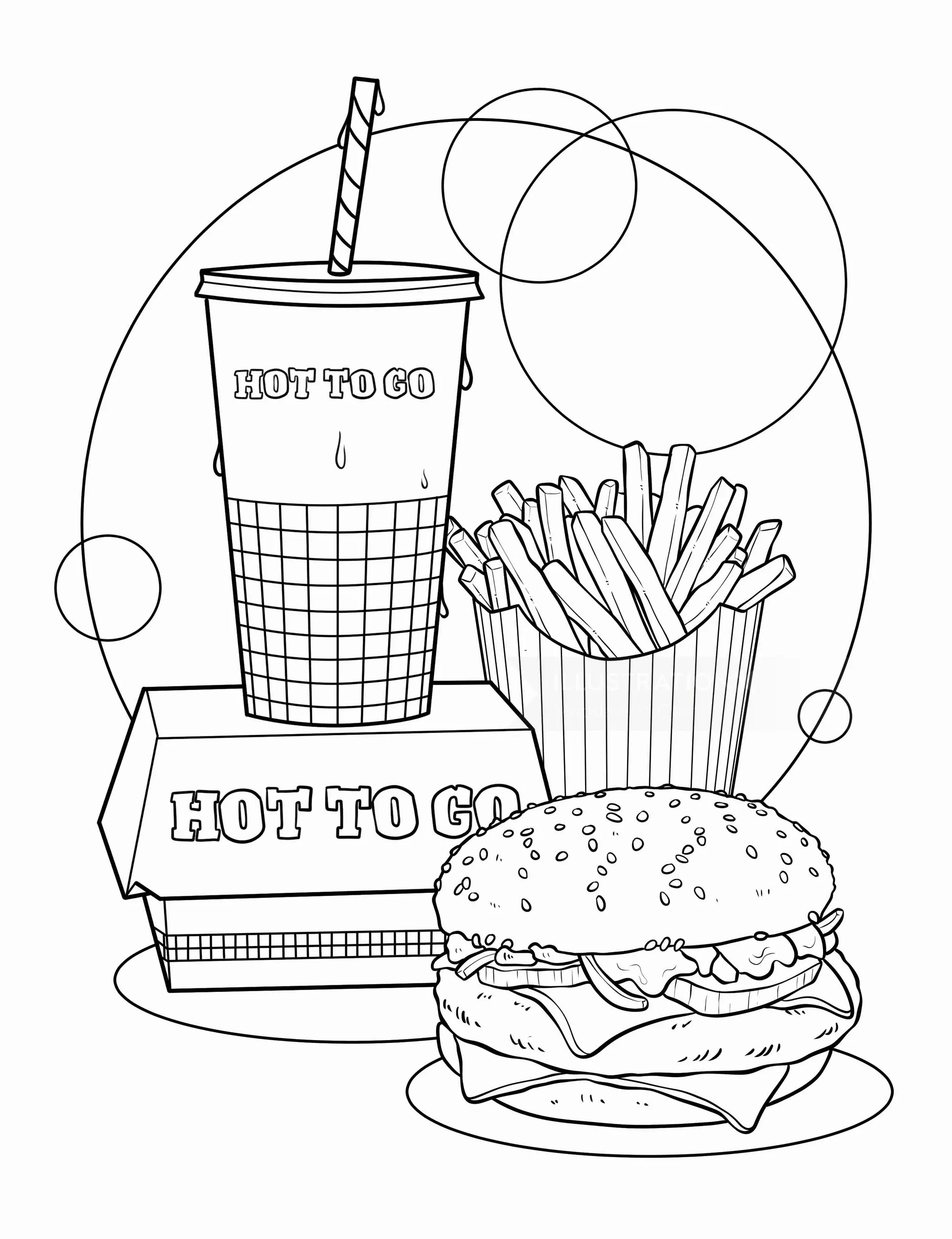 Black and white illustration of burger, fries, and drink from Hot to Go by Maddalena Carrai