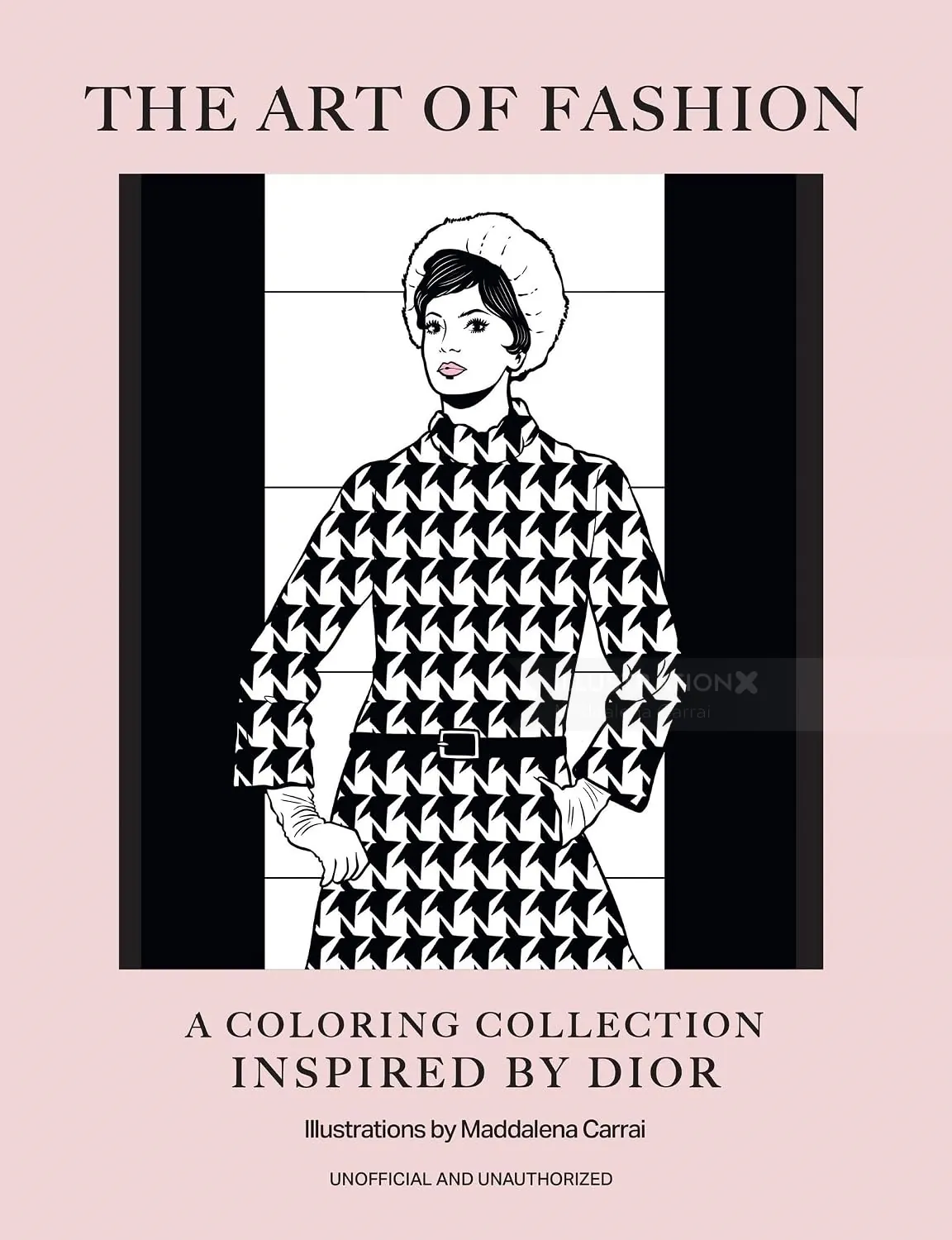 Maddalena Carrai illustration of a Dior-inspired fashion model on a coloring book cover.