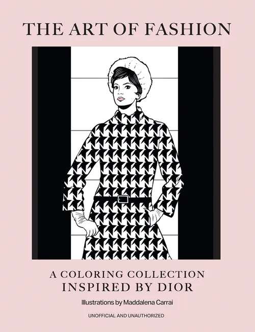 Maddalena Carrai illustration of a Dior-inspired fashion model on a coloring book cover.