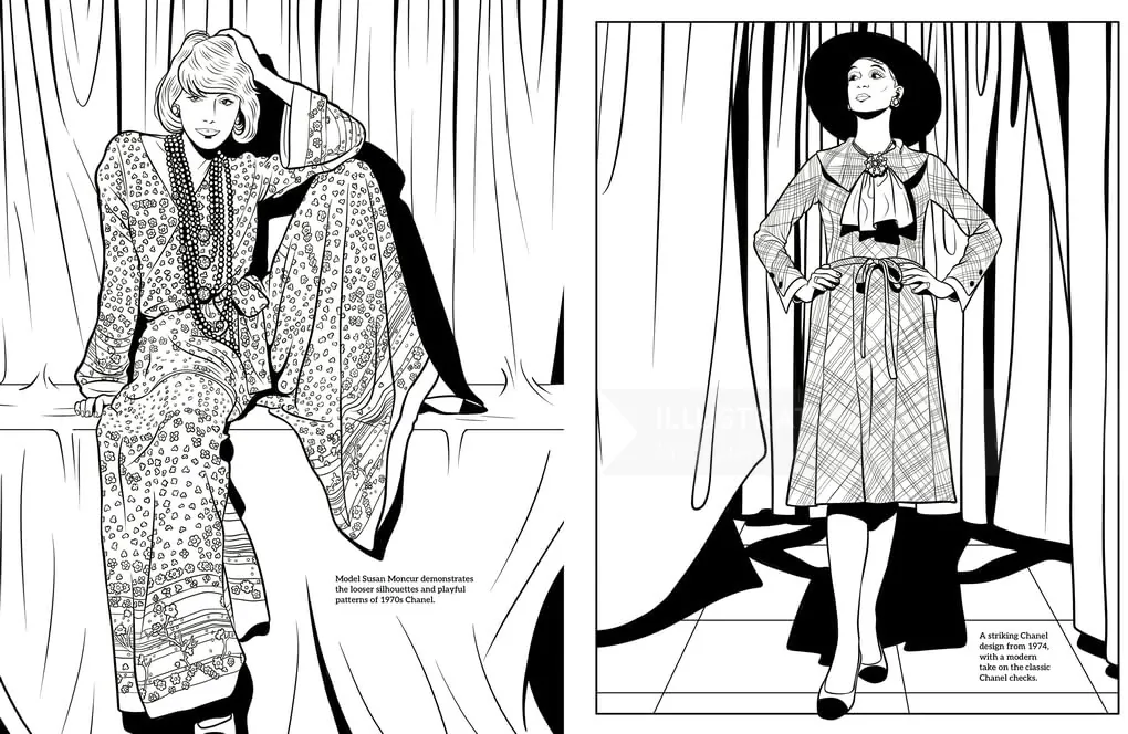 Maddalena Carrai illustration of two women in patterned fashion against draped curtains
